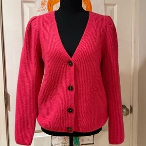 Vince Camuto hot pink knit cardigan with puff sleeves and a V Neck Size M
